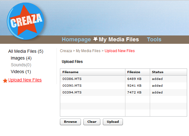 Shows uploading .mts-files
