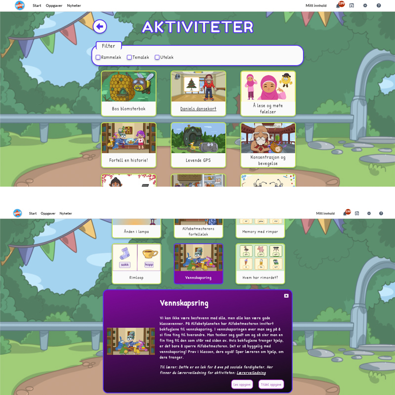 Skjermbilde: To skjermbilder som viser oversikten over aktiviteter og aktivitetsbeskrivelsen som dukker opp når man klikker på en av aktivitetene. 