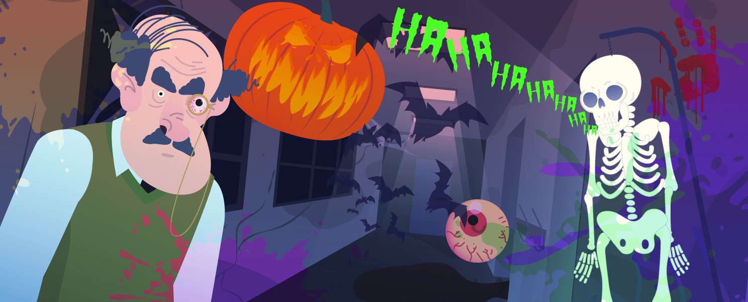Et halloweenmotiv med en rar og skummel mann, et skjelett og et gresskarmonster.
